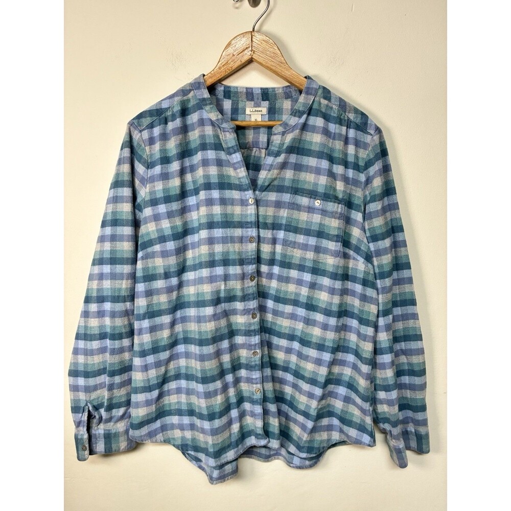 LL Bean Shirt Women's Sz XL Blue Green Plaid Flannel Mandarin Collar Button Down